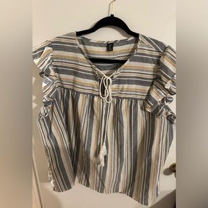 Colorful Striped Tie Neck Flutter Sleeve Blouse